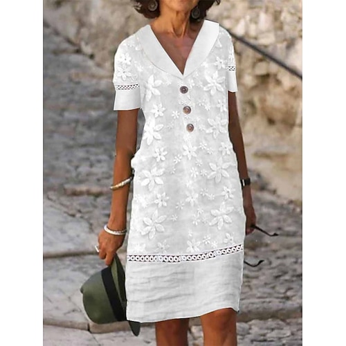 

Per donna Abito in cotone e lino Abito casual Vestito a trapezio Vestito longuette Misto cotone Di tendenza Moderno Esterno Giornaliero Da mare Colletto Pizzo Collage Manica corta Estate Primavera