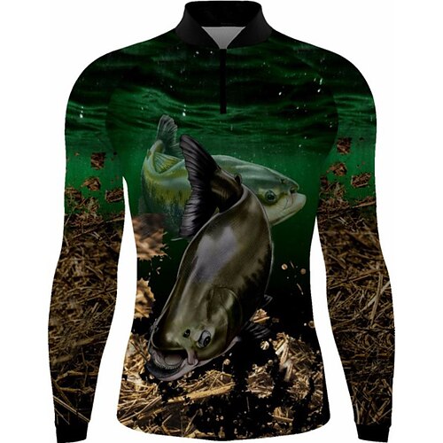 

Homens Camisa de pesca Exterior Manga Longa Proteção UV Respirável Leve Redutor de Suor Secagem Rápida Blusas Verão Primavera Ao ar livre Pesca Preto / verde