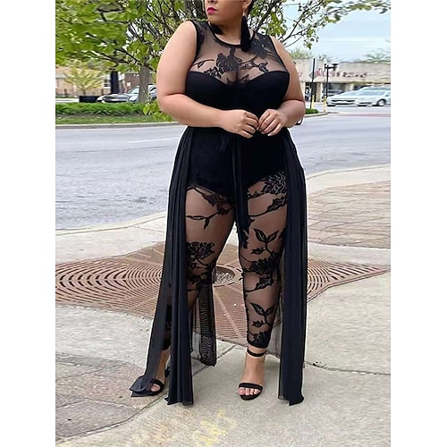 

Mulheres Macacão Renda Cintura Alta Floral Gola Redonda Roupa de rua Diário Para Noite Ajuste Largo Sem Manga Preto XL XXL 3XL Verão