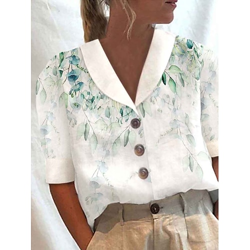 

Mulheres Camisa Social Blusa Verde Branco Amarelo Floral Botão Imprimir Manga Curta Casual Feriado Básico Colarinho de Camisa Padrão Tema Flores S