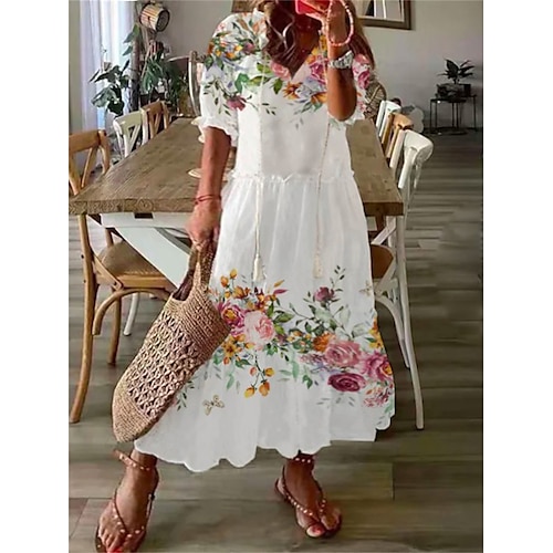 

kvinders plus size afslappet kjole en linje kjole blomstret polkaprikker lang kjole maxikjole halværmet flæseprint v-hals mode daglig hvid pink sommer forårskjole