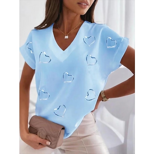 

Women's T shirt Tee Blouse Heart Print Casual Basic Dolman Sleeve Short Sleeve V Neck White