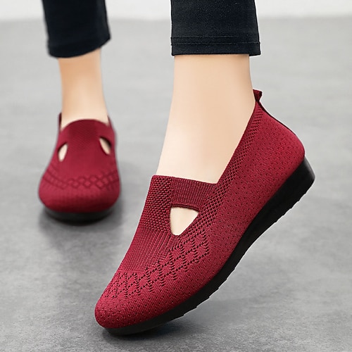 

Dame Slip-Ons Komfort Sko Flyknit sko Daglig Vandring Rund Tå Fritid minimalisme Flying Weaving Tøfler Svart Lys Rød Rød