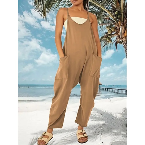 

Damen Jumpsuit Tasche Feste Farbe V Ausschnitt Ordinär Urlaub Täglich Festtage Regular Fit Ärmellos Kamel Fuchsie Grün S M L XL Sommer