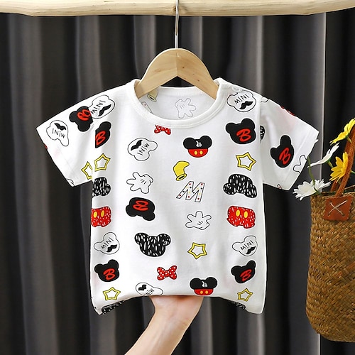 

Baby Gutt T skjorte T-skjorte Helfarge Dyr Tegneserie Kortermet Crewneck Barn Topp utendørs søt stil Bedårende Sommer Hvit mus 3-7 år