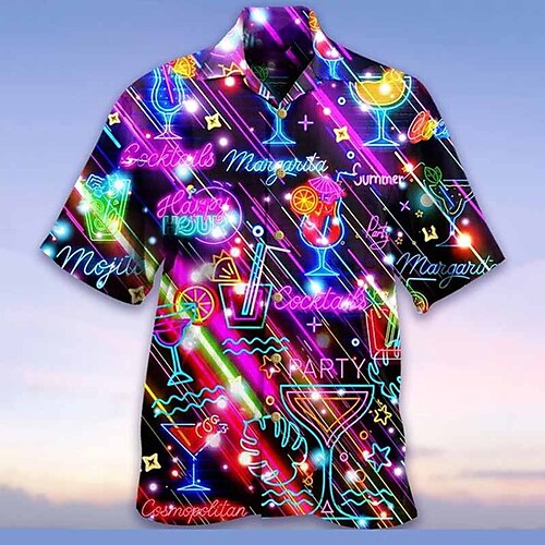 

Men's Shirt Summer Hawaiian Shirt Graphic Prints Drink Lights Turndown Purple Street Casual Short Sleeves Button-Down Print Clothing Apparel Tropical Fashion Streetwear Hawaiian