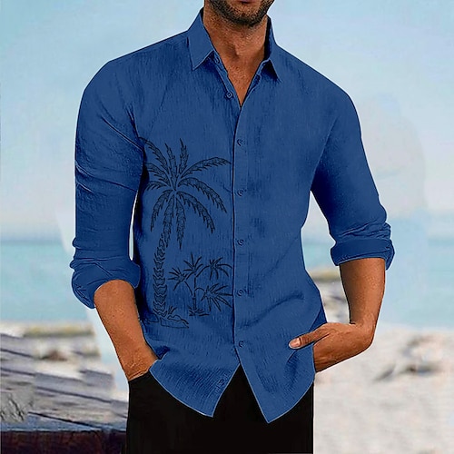 

Per uomo camicia di lino Camicia estiva Camicia da spiaggia Bianco Blu marino scuro Blu Manica lunga Albero di cocco Collo ripiegabile Primavera estate Informale Giornaliero Abbigliamento Stampa