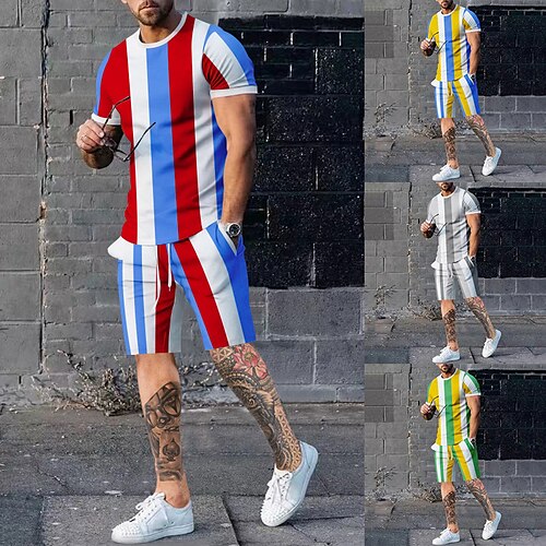 

Herre T-skjorte drakter Joggedress Tennis skjorte Shorts og T-skjorte sett Stribe Crew-hals Dagligdagstøy Feriereise Kort Erme 2 deler Klær Gymnastik Fritid