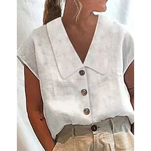 

Mulheres Camisa Social Blusa Branco Tecido Botão Manga Curta Casual Básico Colarinho de Camisa Padrão Algodão S