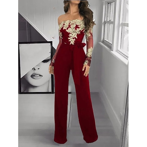 

Damen Jumpsuit mit Schnürung Spitze Blumen Schulterfrei Elegant Ausgefallene Party Cocktailparty Regular Fit Langarm Wein Blau XS S M L Sommer