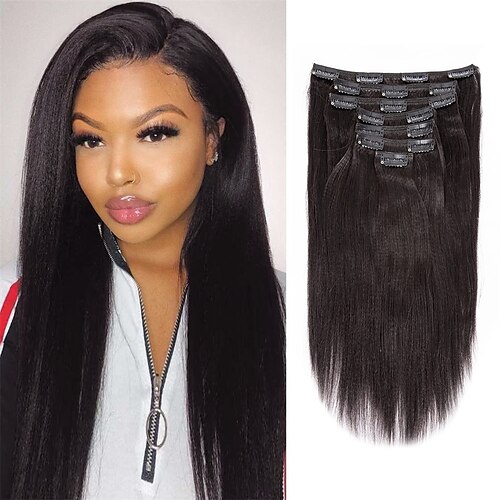 

human hair clip in hair extensions yaki straight full head 8a grade natural hair clip ins remy jet black afro amerikanere til sorte kvinder 7 stk/sæt 120g/sæt 16 tommer