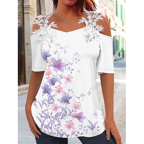 

Mujer Camisa Blusa Blanco Rojo Azul Piscina Floral Encaje Estampado Manga Corta Casual Festivos Básico hombro frío Regular Flor S