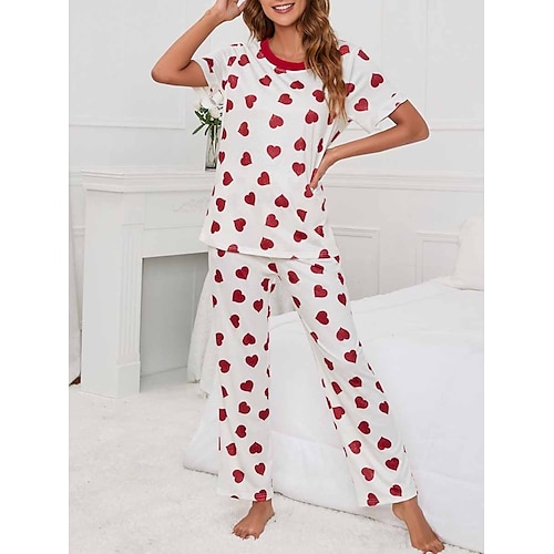 

Dame Loungewear Sæt Hjerte Afslappet Komfort Blødt Hjem Daglig Ferierejse Polyester Åndbart Rund hals Kortærmet Bukse Elastisk Talje Sommer Forår Hvid