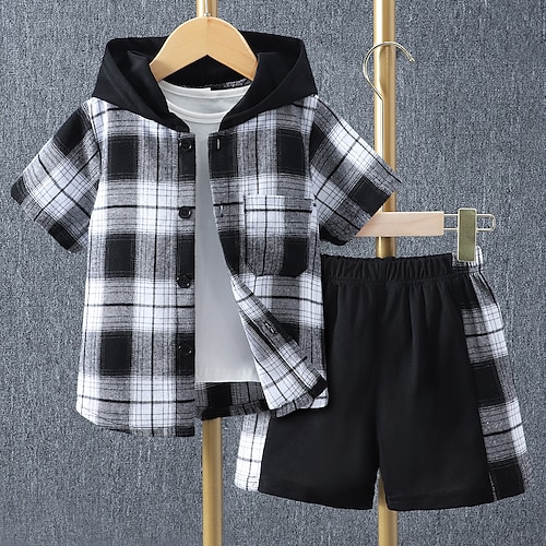 2 Pieces Kids Boys Clothing Set Outfit Plaid Short Sleeve Set Casual Basic Summer 3-7 Years Black Yellow Red