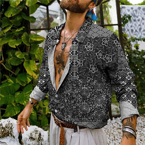 

Homme Chemise Floral Tribal Imprimés Photos Rétro Vintage Col rabattu Jaune Gris Extérieur Plein Air manche longue Bouton bas Imprimer Vêtement Tenue Rétro Vintage Tropique Mode Design