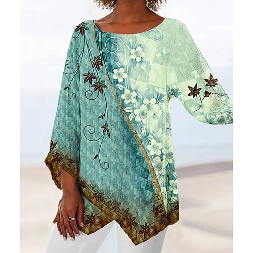 

Women's Shirt Blouse Blue Purple Green Floral Asymmetric Print Long Sleeve Casual Holiday Basic Round Neck Long Floral S