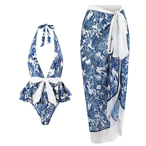 

Damen Badeanzug Ein Stück Strand unten Normal Bademode 2 Teile Print Tier Blau Bodysuit Badeanzüge Sport Strandbekleidung Sommer