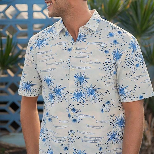 

Hombre Camisa camisa hawaiana Estampados Peces Cuello Vuelto Azul Piscina Exterior Calle Mangas cortas Estampado Ropa Moda Design Casual Suave