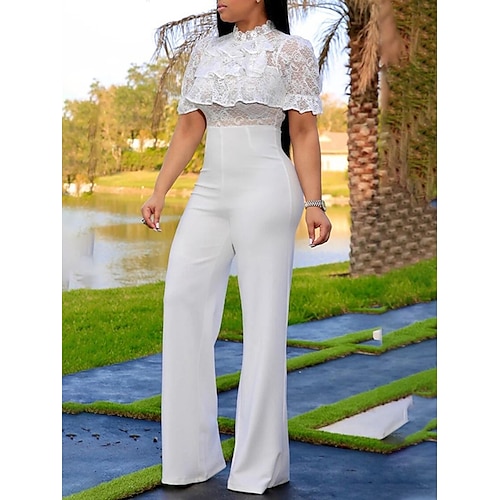 

Damen Jumpsuit Spitze Rüsche Feste Farbe Rundhalsausschnitt Strassenmode Elegant Hochzeit Party Regular Fit Kurzarm Weiß S M L Sommer