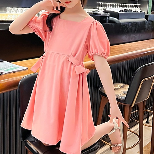 

Bambino Da ragazza Vestito Tinta unica Al ginocchio Vestito Esterno Colletto quadrato Manica corta Elegante Vestito 7-13 anni Estate Rosa Verde