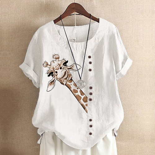 

Women's Linen Shirt Shirt Blouse White Giraffe Button Print Short Sleeve Casual Basic Round Neck Regular S