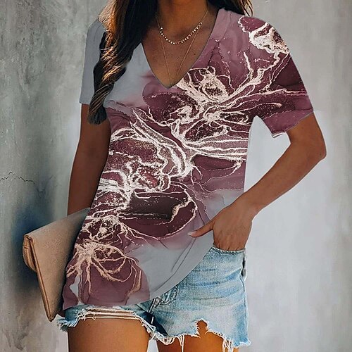 

T shirt Tee Femme Vert Véronèse Rouge bleu marine Graphic Imprimer Manche Courte du quotidien Fin de semaine basique Col V Normal Standard Abstrait Peinture S