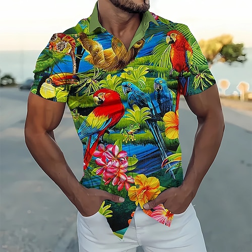 

Herren Hemd Hawaiihemd Sommerhemd Grafik-Drucke Papagei Blätter Umlegekragen Purpur Grün Strasse Casual Kurze Ärmel Button-Down Bedruckt Bekleidung Vintage Modisch Strassenmode Designer