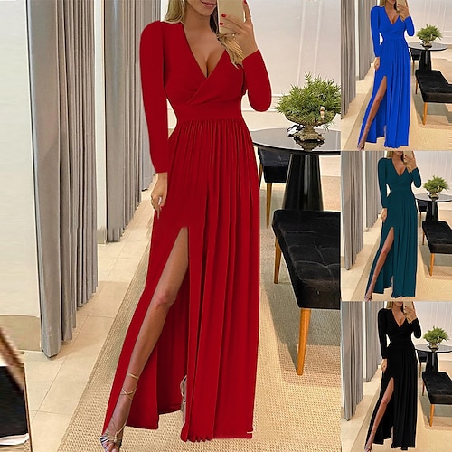 

Women's Prom Party Dress Sheath Dress Long Dress Maxi Dress Black Pink Red Long Sleeve Pure Color Ruched Winter Fall V Neck Stylish Winter Dress Wedding Guest Fall Dress 2023 S M L XL XXL 3XL