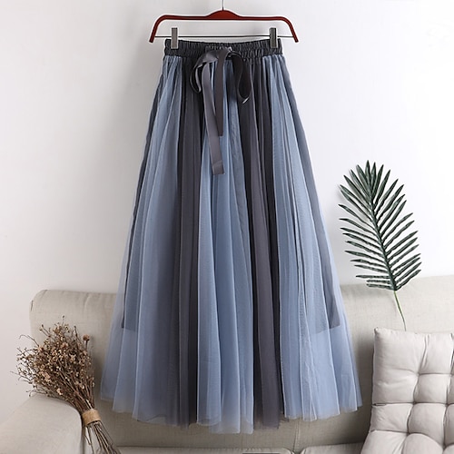 

Women's Skirt Swing Long Skirt Midi Polyester Apricot Black White Pink Skirts Spring Summer Layered Splice Bow Lined Princess Lolita Long Summer Casual Daily