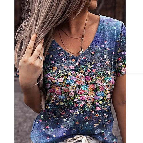 Per donna maglietta Blu floreale Verde salice Rosa Pop art Floreale Manica corta Informale Essenziale A V Floreale S