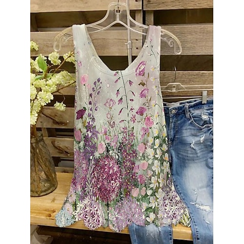 

Damen Tank Top Rosa Blau Purpur Blumen Bedruckt Ärmellos Casual Festtage Basic U-Ausschnitt Standard Blume S