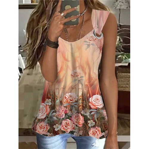 

Mulheres Malha Íntima Laranja Floral Imprimir Sem Manga Casual Feriado Básico Decote V Padrão Tema Flores S