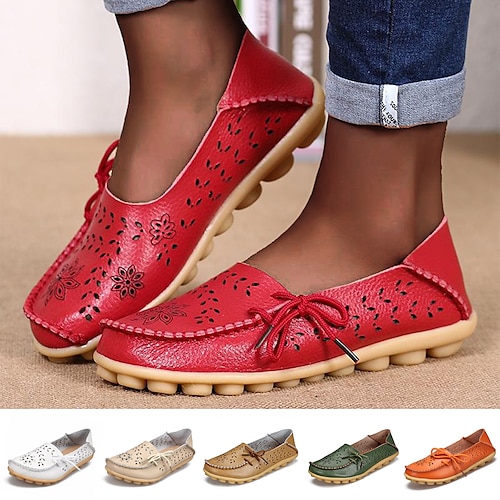 Women's Flats Slip-Ons Loafers Comfort Shoes Plus Size Outdoor Daily Walking Summer Flat Heel Round Toe Classic Casual Minimalism Walking Shoes Leather Loafer Solid Color Silver Wine Red Moonlight, lightinthebox  - buy with discount