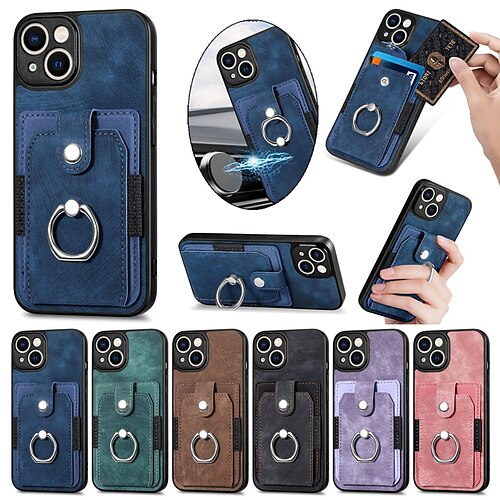 

teléfono Funda Para Apple Funda Trasera iPhone 14 Pro Max Plus 13 12 11 Mini X XR XS 8 7 Marco Antigolpes Soporte para Anillo Ranuras para tarjetas Color sólido TPU ordenador personal Cuero de PU