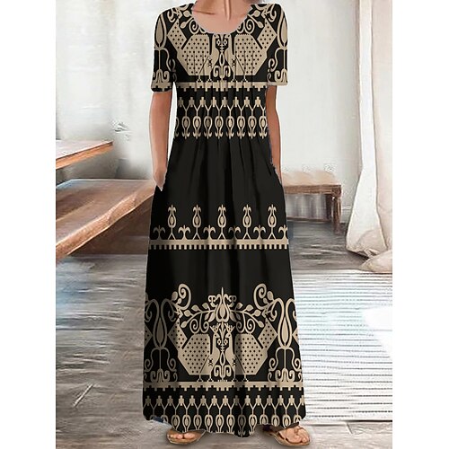 

Dame Lang kjole Maxikjole Hverdagskjole Sommerkjole A Linje Kjole Tribal Romantik Moderne Ferie Strand Weekend Krøllede Folder Lomme Kortærmet Rund hals Kjole Regulær Sort Sommer Forår S M L XL XXL