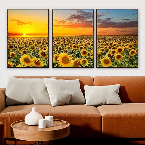 

klvos tournesol image jaune fleur mur décor ensemble de 3 coucher de soleil paysage giclée impression toile pour mur moderne maison salon bureau fille chambre décoration tendu prêt à accrocher