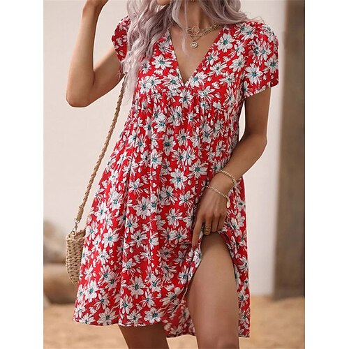 

Dame Uformell kjole Floral kjole Sommerkjole Blomstret Rynket Trykt mønster V-hals Midikjole Mote Gatemote utendørs Gate Kortermet Løstsittende Rød Sommer Vår S M L XL XXL