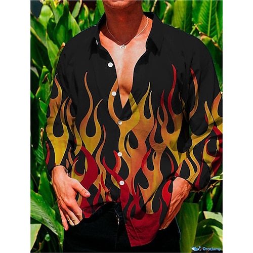 

Hombre Camisa Estampados Fuego Cuello Vuelto Amarillo Exterior Calle Manga Larga Abotonar Estampado Ropa Moda Ropa de calle Design Suave