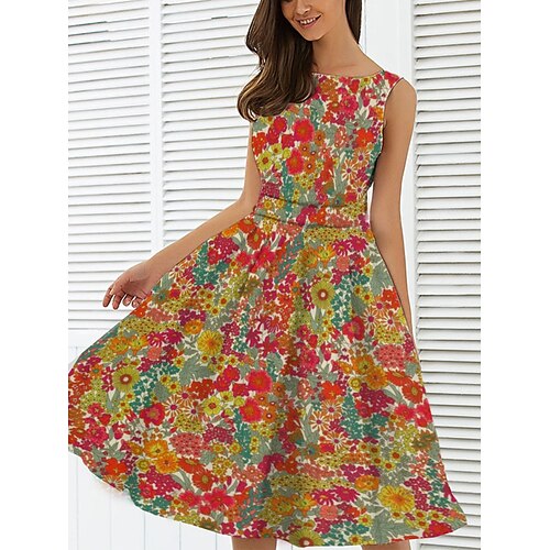 

dame vintage elegant vintage formel kjole midi formel kjole dagligt date ruched print blomster rund hals ærmeløs slank sommer forår 2023 rød s m l xl
