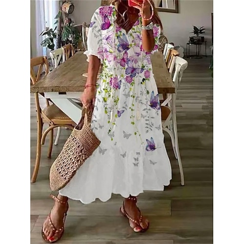 

Dame Store størrelser Uformell kjole Kjole med A-linje Blad Blomstret Lang kjole Maxikjole Halvlange ermer Drapering Trykt mønster V-hals Mote Daglig Rød Blå Sommer Vår L XL XXL 3XL