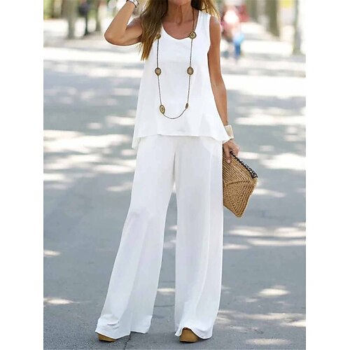 

Per donna loungewear Completi Colore puro Semplice Informale Strada Appuntamento Aeroporto Poliestere Traspirante Spacco a V Senza maniche Pantalone Estate Primavera Nero Bianco
