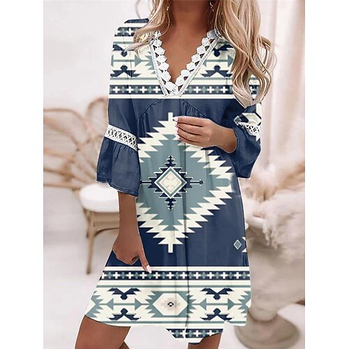 

Per donna Vestito casual Abito etnico Vestito a trapezio Fantasia geometrica Tribale Stampa A V Mini abito Vintage Etnico Esterno Giornaliero Manica a 3/4 Morbido Bianco Blu marino Blu Estate