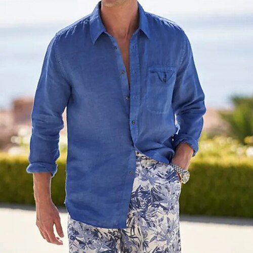 

Per uomo camicia di lino Camicia estiva Camicia da spiaggia Blu scuro Manica lunga Liscio Bavero Primavera estate Informale Giornaliero Abbigliamento Tasca frontale