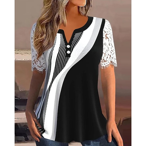 

Chemise Chemisier Femme Noir Graphic Dentelle Bouton Manche Courte Casual basique Col V Normal Standard S