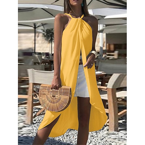 

Per donna Abito da spiaggia Abbigliamento da spiaggia Vestito longuette Spacco Freddezza Tropicale Di tendenza Liscio All'americana Senza maniche Standard Esterno Giornaliero Giallo Cachi 2023 Estate