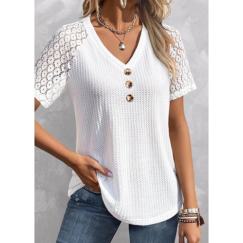 

Per donna Camicia Blusa Bianco Liscio Pizzo Pulsante Manica corta Informale Fine settimana Essenziale A V Standard S