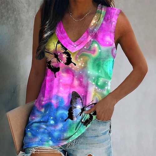 

Women's Tank Top Light Green Pink Purple Graphic Butterfly Print Sleeveless Casual Basic V Neck Butterfly