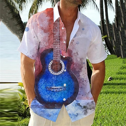 

Herren Hemd Hawaiihemd Sommerhemd Grafik-Drucke Musik Gitarre Musikinstrument Umlegekragen Weiß Blau Khaki Strasse Casual Kurze Ärmel Button-Down Bedruckt Bekleidung Modisch Strassenmode Designer