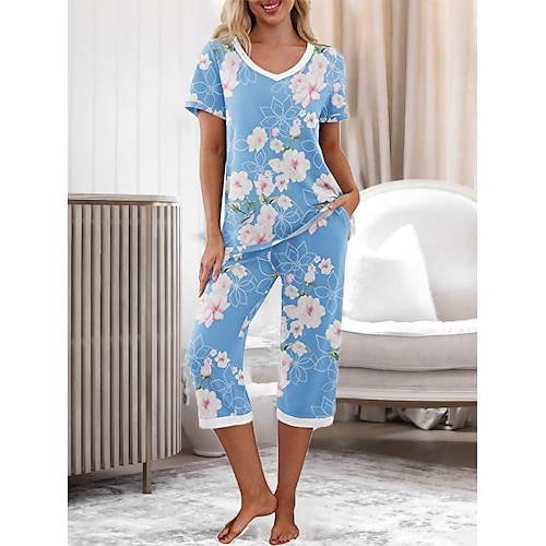 

Dame Store størrelser Pyjamas Pyjamas topp og bukse Sett Blomsternål i krystall Blader Enkel Fritid Komfort Hjem Daglig Seng Polyester Pustende V-splitt Kortermet T skjorte Lomme Sommer Vår Svart Rosa