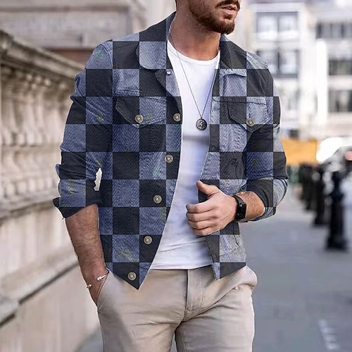 

Herren Hemd Plaid / Karomuster Grafik-Drucke Geometrie Umlegekragen Blau Outdoor Strasse Langarm Bedruckt Bekleidung Modisch Strassenmode Designer Atmungsaktiv